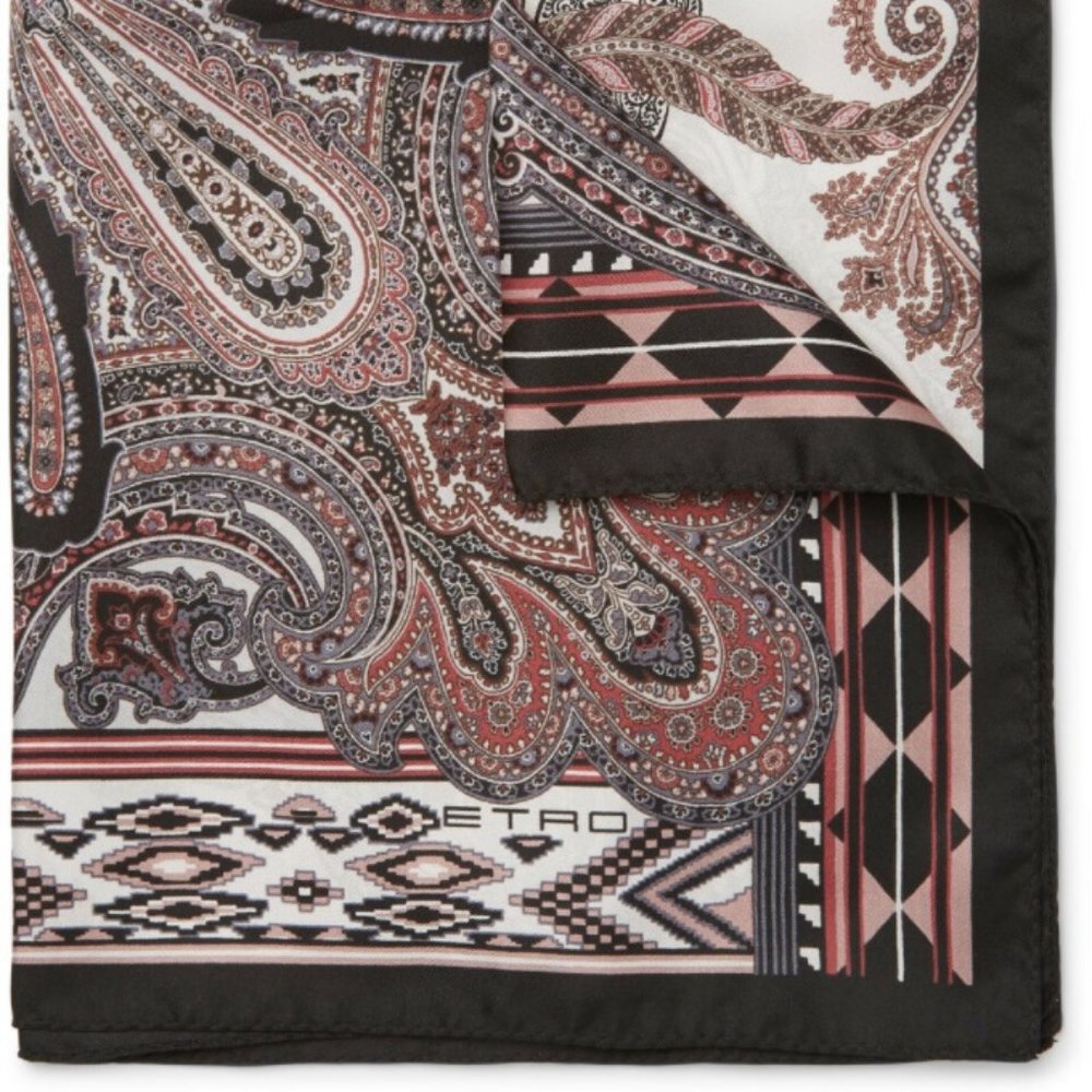 Etro Milano Mens Silk Pocket Square Made in Italy Handkerchief Paisley Black New